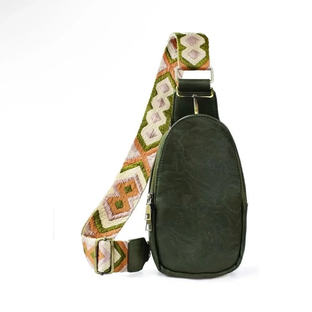 Boho Olive Green Leather Sling Bag Purse With Adjustable Guitar Strap New